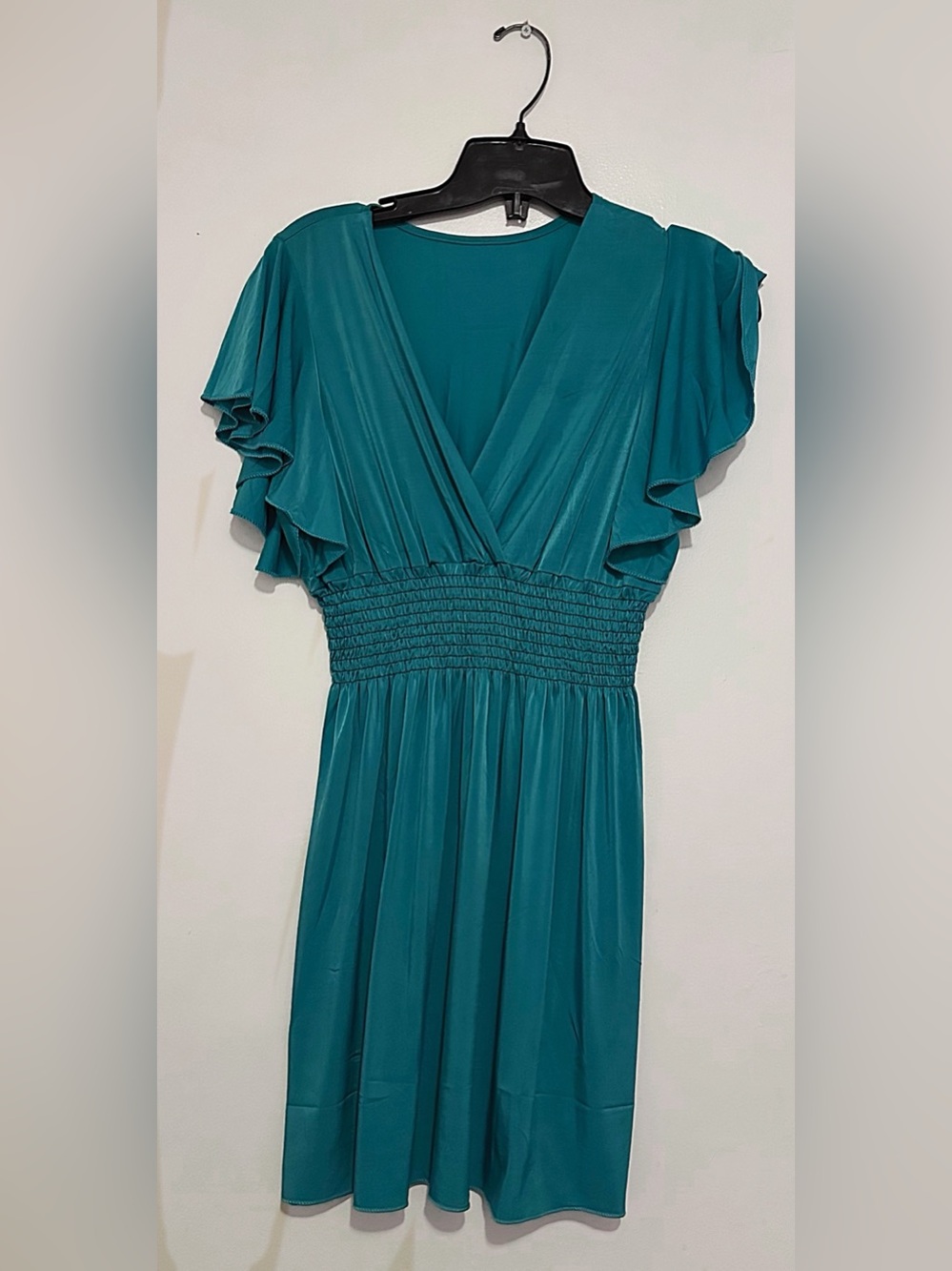 Flutter-Sleeve Teal Wrap Maxi Dress